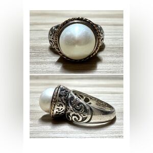 Vintage Designer Signed ATR Sterling Silver & 14K Gold Pearl Ring, Size 6.75